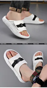 Men's white sports casual slides with adjustable black buckle strap and breathable upper
