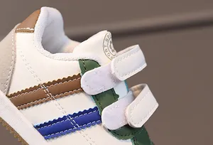 Close-up detail of children's PU leather sports shoes with dual hook and loop straps.