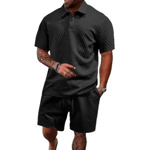 Men's black jacquard short sleeve polo shirt and shorts set for casual summer wear