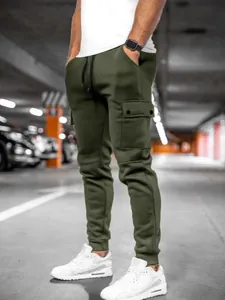Men's olive green cargo joggers with drawstring waist and pockets in street style.