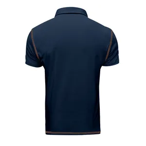 Back view of navy blue men's polo shirt with orange contrast stitching