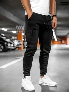 Stylish men's solid black cargo jogger pants for fitness and casual urban street wear