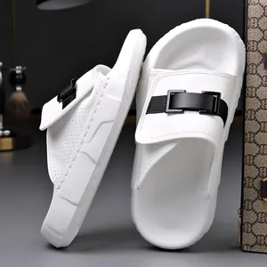 White sports leisure slides for men with black buckle detail and thick sole