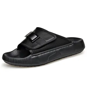Black men's athletic slide sandals with adjustable buckle strap and breathable holes