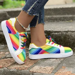 Women Fashion Rainbow Gradient Sneakers Casual Board Shoes Colorful Graffiti Street Style Platform Low Top Lace Up Flat Shoes