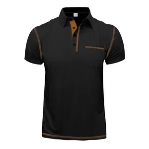 Detail view of black men's short sleeve polo shirt featuring brown contrast stitching