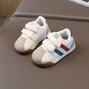 Toddler white PU leather sneakers with Velcro straps and striped detail