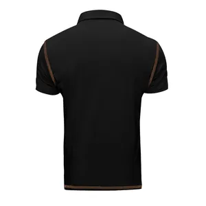 Back view of mens black polo shirt featuring distinctive brown contrast stitching