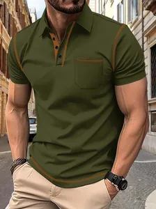Polo Décontracté à Manches Courtes pour Hommes Avec Surpiqûres Contrastées Mélange de Polyester Haut à Revers Avec Poche Poitrine pour l'Été Quotidien