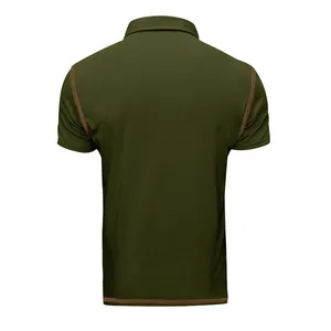 Back view of army green men's short sleeve polo shirt with orange stitching detail