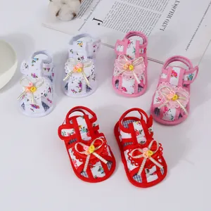Breathable floral baby girl sandals with soft anti-slip soles and decorative bows