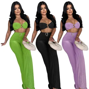 Sleek women's two-piece set in three colors featuring heart buckle and wide pants