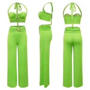 Detailed three-angle views of a neon green halter neck top and wide-leg pants set