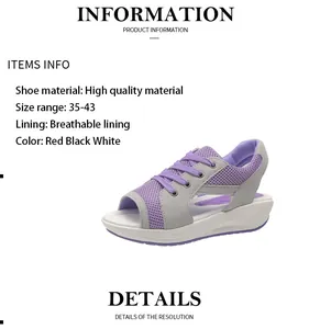 Gedetailleerde weergave van paarse mesh sleehak sandalen met productspecificaties