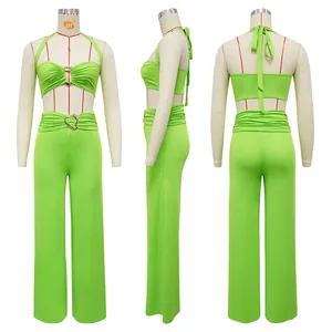 Lime green halter two-piece set with decorative buckles in front, side, and back views