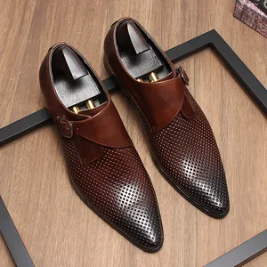 Chaussures de Ville pour Hommes en Cuir de Vachette Véritable Ajouré Respirant Monk Strap Bout Pointu Style Britannique