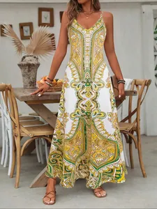 Detail view of boho vintage floral print spaghetti strap maxi dress for summer