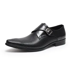 Chaussures de ville haut de gamme pour hommes en cuir noir perforé avec boucle monk strap
