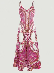 Elegant vintage paisley print camisole maxi dress featuring a large flared hem for summer
