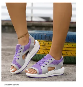 Paarse en grijze mesh wedge sandalen voor dames, peep-toe met dikke zool en casual look