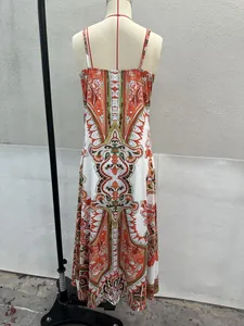 Back view detail of a retro ethnic print summer sling maxi dress on a professional mannequin