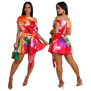 Front and back view of sexy one-shoulder backless floral print casual romper for women
