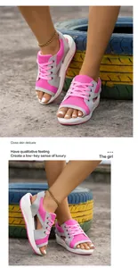 Macro-opzicht van roze dames wedge sandalen met mesh en veters voor zomerse mode