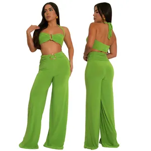 Front and back detail of sexy lime green halter two-piece set with metal buckles