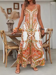 Vintage floral print cami maxi dress with a flowing large swing skirt for summer