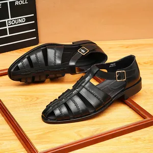 Sandales Romaines en Cuir Véritable pour Hommes Rétro Britannique Tissage Ajouré Bout Fermé Décontracté Été Boucle Chaussures en Cuir
