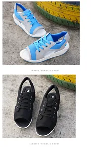 Detail van dames sandalen met sleehak en open teen in blauwe en zwarte mesh stijlen.
