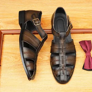 Sandales romaines en cuir véritable pour hommes avec détails tressés et boucle latérale