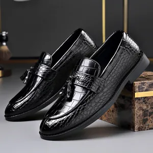 Men Business Casual Loafers Crocodile Embossed Microfiber Leather Tassel Slip-on British Style Formal Dress Shoes Plus Size