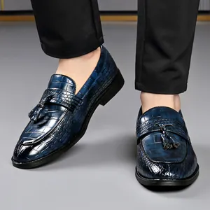 Men's blue crocodile pattern leather loafers with tassels for business and casual wear