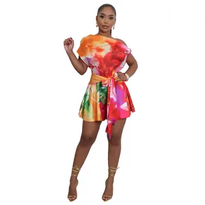 Elegant vibrant floral print one-shoulder romper with tie waist detail for women