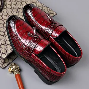 Luxury red crocodile embossed leather loafers with tassels for men's British business wear