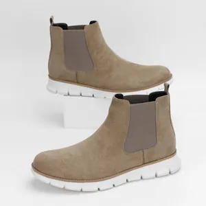 Khaki suede men's casual Chelsea boots with flexible white lightweight soles