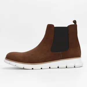 Side view of professional lightweight brown suede Chelsea boots for men with durable white soles
