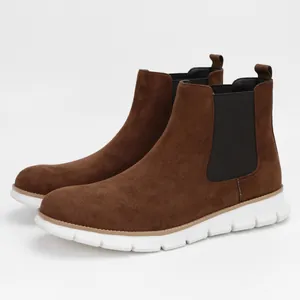 Men's brown suede Chelsea boots with lightweight white flexible soles in casual style