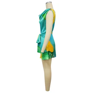 Detailed side view of sexy floral print romper featuring slanting neckline and adjustable waist tie