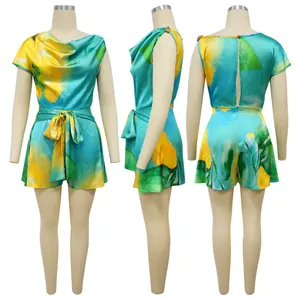 Detailed multi-angle views of floral print backless romper with cowl neck design