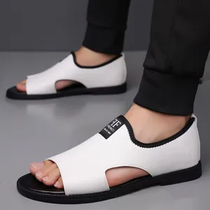 White breathable men's beach sandals with anti-slip black sole and side cutouts
