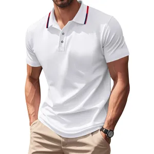 Detail view of a premium men's white quick-dry polo shirt with striped collar detail