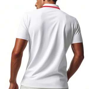 Rear view detail of white quick-dry mesh polo shirt for men with red collar trim