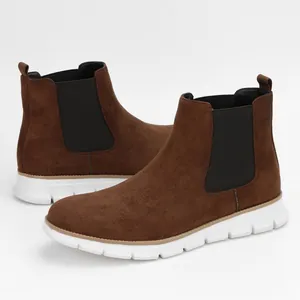 Classic men's brown suede Chelsea boots featuring comfortable lightweight white soles