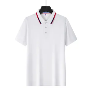 Macro view of white mesh Polo shirt featuring a red and blue striped ribbed collar