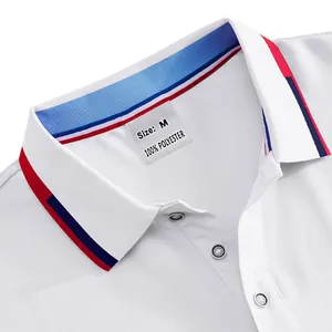Close-up of white mesh polo shirt collar with size M polyester label
