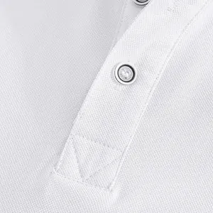 Detailed close-up view showing the white mesh polo shirt placket and classic button construction