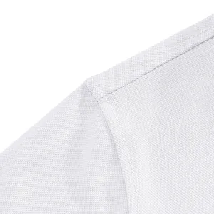 Macro detail of breathable mesh fabric and reinforced seam on a white men's polo shirt