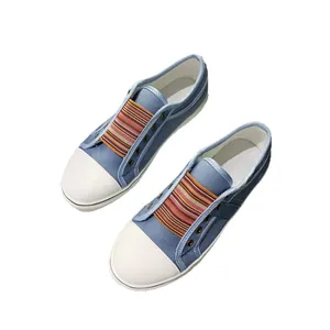 Casual blue women's canvas shoes with colorful striped elastic band and white round toe